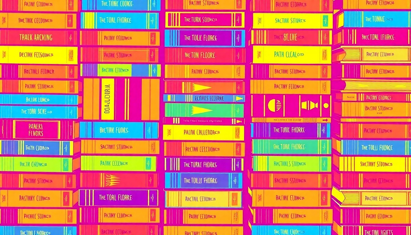 A bold, colorful silkscreen grid of classic book spines in neon shades of pink, blue, and green, conceptually representing the debate over representation and inclusivity in the Texas public school curriculum.