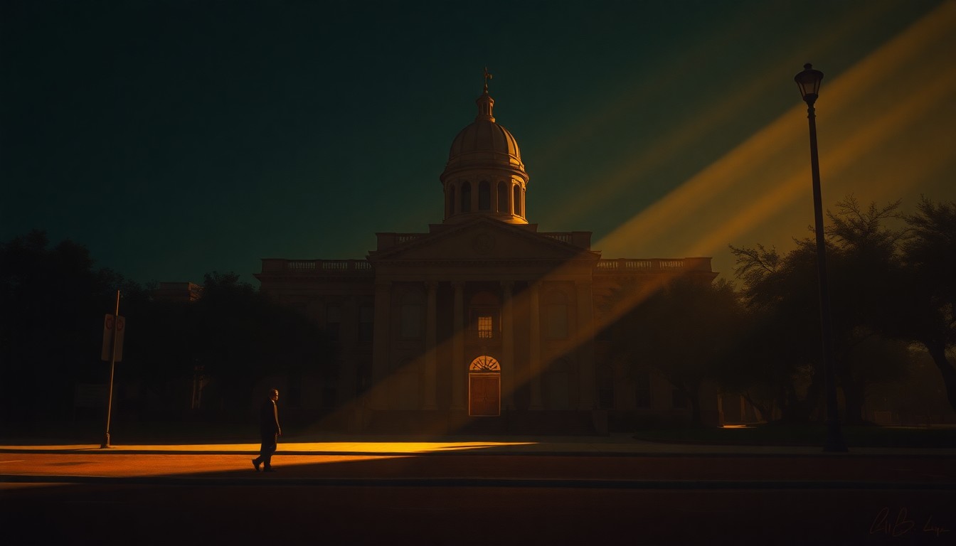 A cinematic painting of a solitary government building in San Antonio, with warm sunlight and deep shadows creating a contemplative, nostalgic mood that reflects the personal and political themes of Nirenberg's memoir.