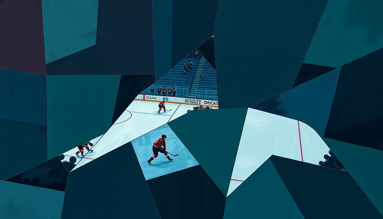 A cubist, geometric painting depicting a hockey game or match, with sharp, overlapping planes of color in navy blue, maroon, and forest green, conceptually representing the fragmented and complex nature of the Capitals' trade deadline decisions.