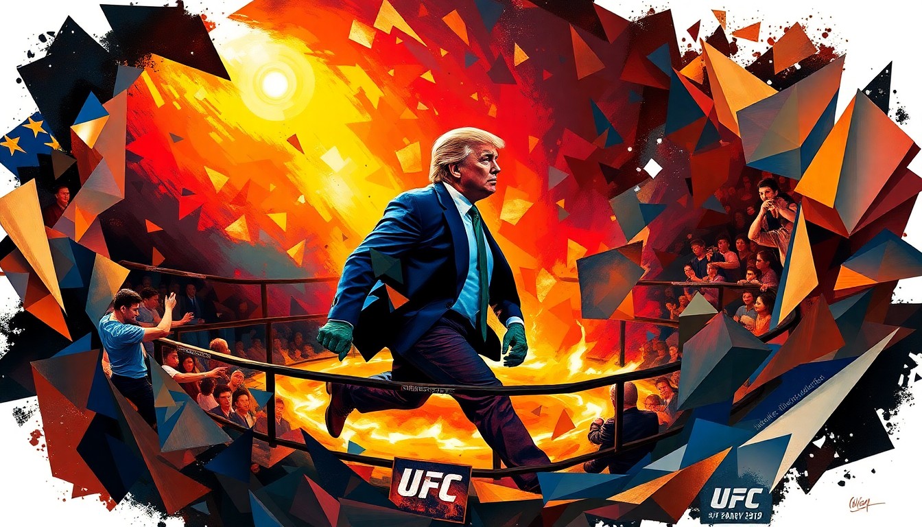 A dynamic, abstract painting featuring the fractured silhouette of Donald Trump surrounded by the chaotic energy of the UFC octagon, conveying the blending of sports and politics.