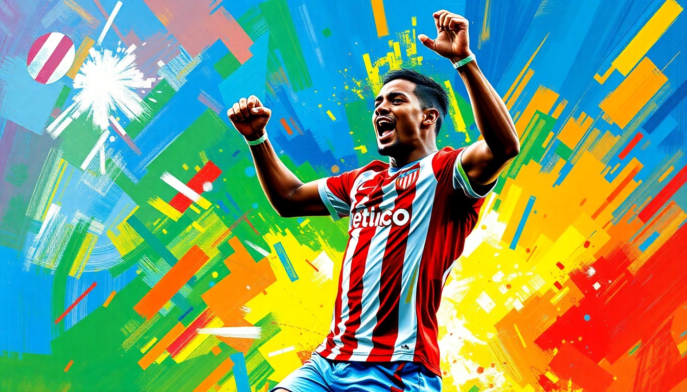 A vibrant, expressionist painting featuring rapid, neon-colored brushstrokes that capture the raw energy and movement of a soccer player celebrating a goal, conceptually representing Ademola Lookman's debut strike for Atlético Madrid.