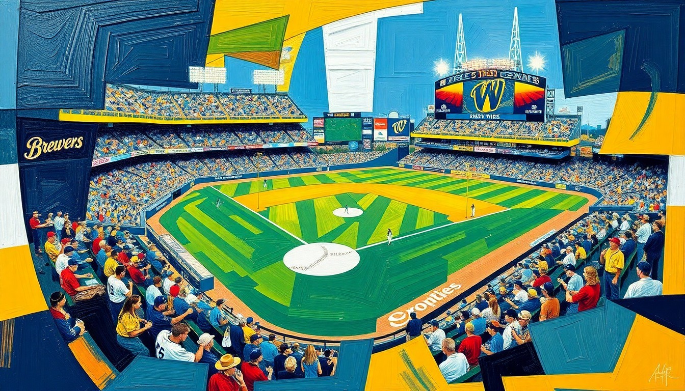 A cubist, geometric painting depicting a baseball game, with sharp, overlapping planes of navy blue, gold, and white, capturing the dynamic energy of the sport.