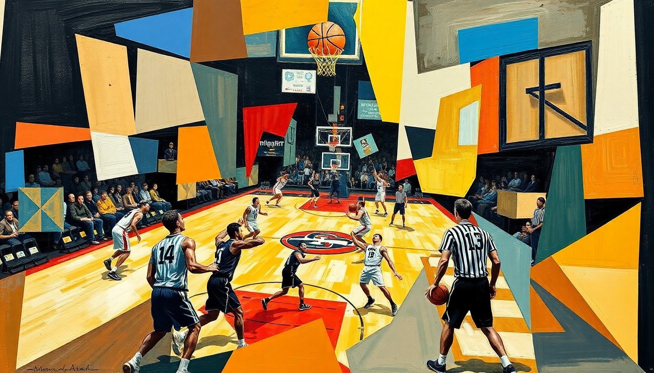 A fragmented, geometric painting depicting the climactic final seconds of a college basketball game, with players' bodies and the ball breaking down into sharp, overlapping shapes and planes of color.