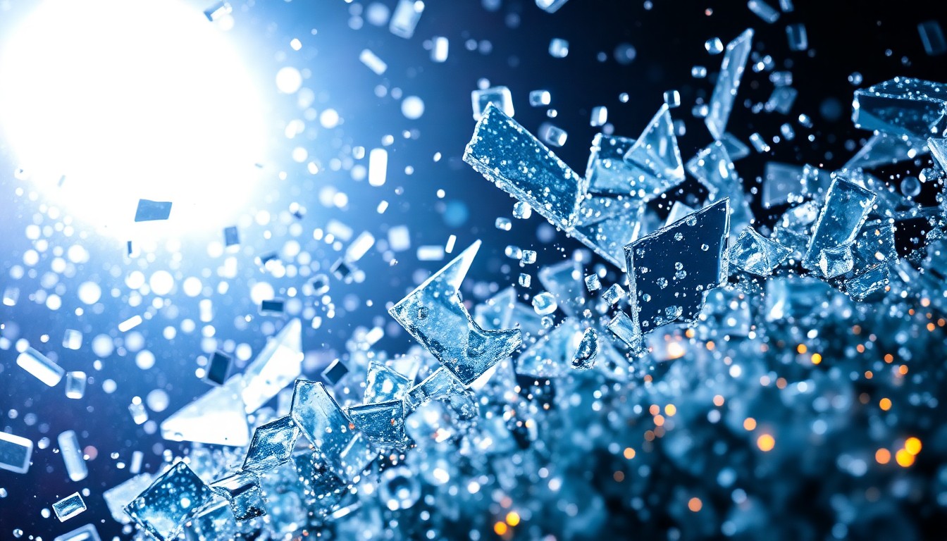 An abstract close-up image of shattered glass and glittering sequins, captured in dramatic, high-contrast studio lighting, conveying the intersection of technology and artistic innovation.