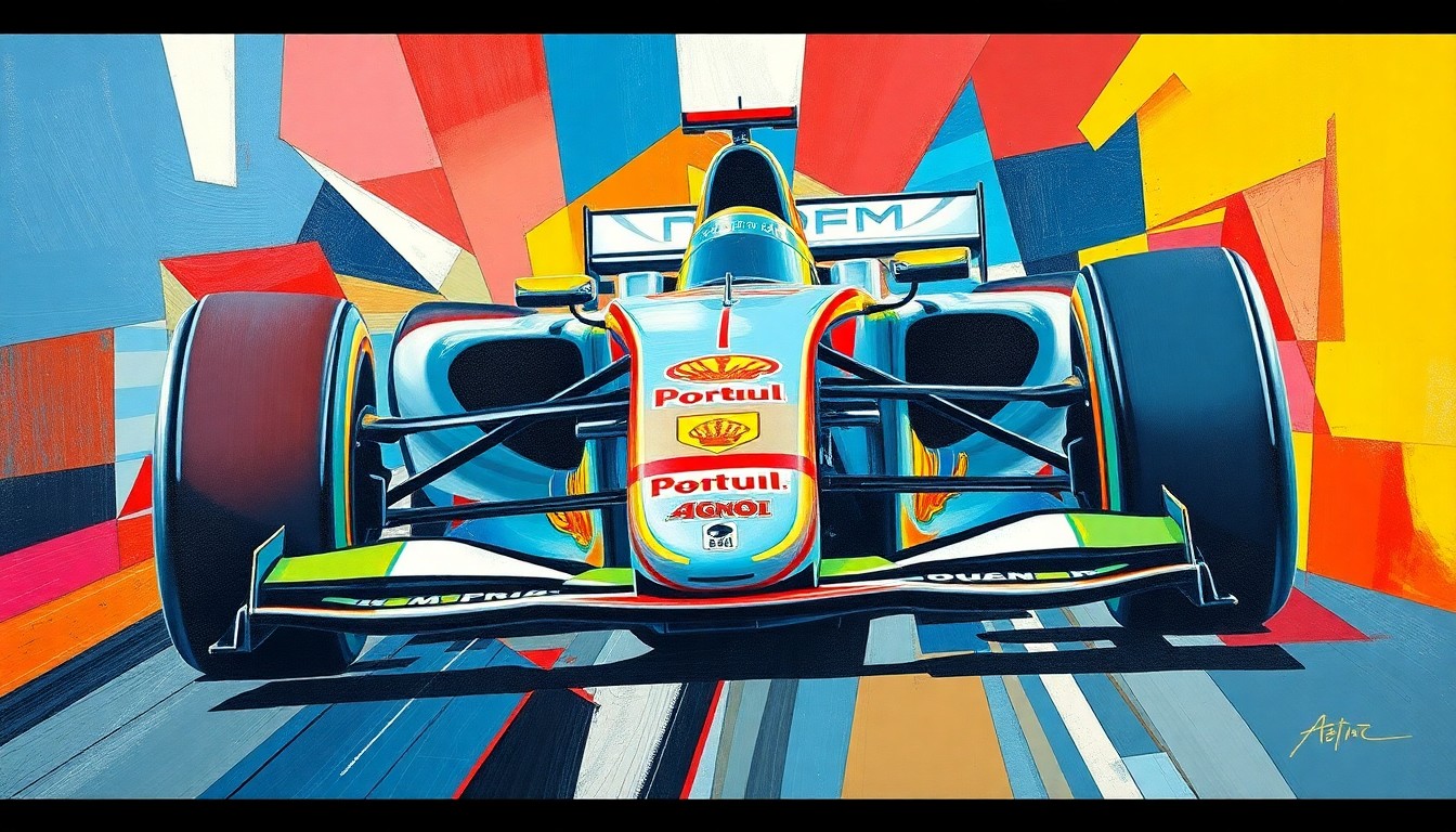 A cubist-style painting depicting a Formula 1 car in motion, broken down into sharp, overlapping geometric shapes in vibrant colors, conveying the technical complexity and high-stakes nature of Cadillac's performance challenges in the sport.