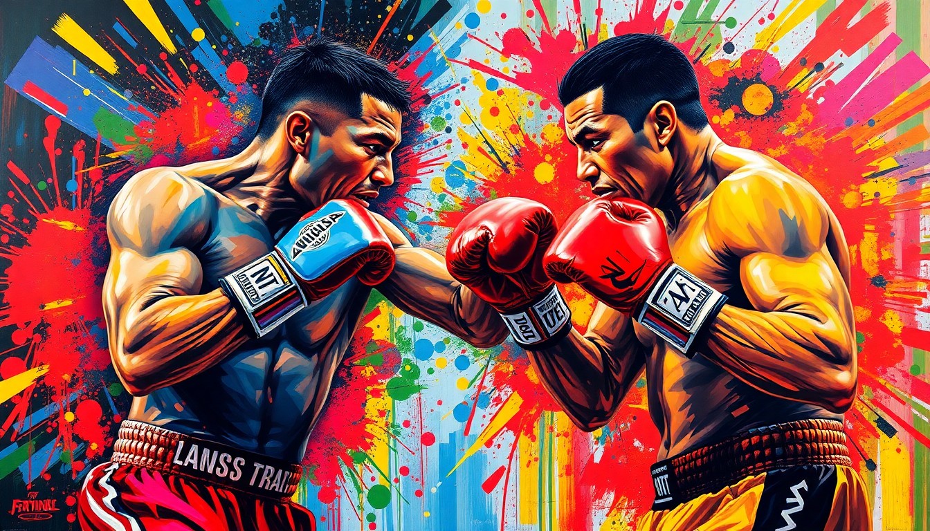 An explosive, expressionist painting in vibrant neon colors capturing the raw energy and movement of two boxers, their faces and identities blurred into abstract splatters of paint.