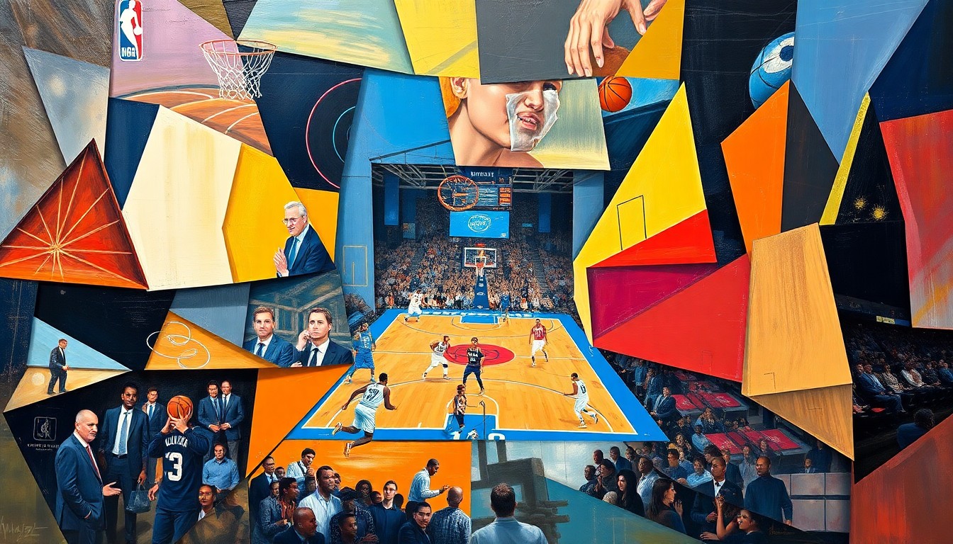 A cubist, geometric painting depicting a basketball game in a fragmented, multi-perspective style, with sharp, overlapping planes of color representing the players and action on the court.