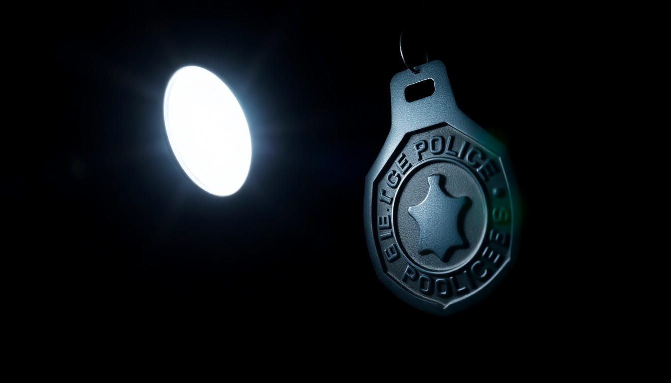An extreme close-up of a police badge or handcuffs, reflecting a harsh, direct camera flash against a pitch-black background, conveying a sense of the gritty, investigative nature of this crime story.