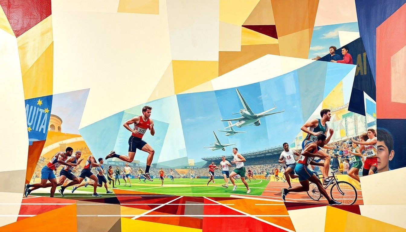 A cubist, geometric painting depicting the various events and disciplines of a track and field competition, with overlapping shapes and planes representing the energy and movement of the athletes.