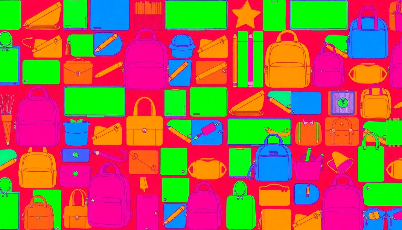 A brightly colored, high-contrast silkscreen print of a single, iconic classroom object such as a chalkboard or backpack, repeated in a tight grid pattern, conceptually representing the debate around school discipline policies.