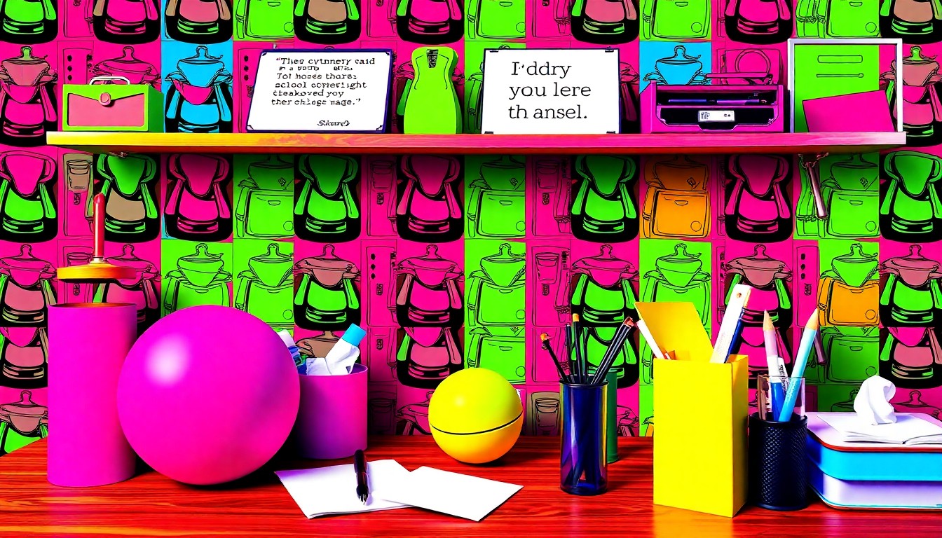 A brightly colored, abstract silkscreen print depicting a repeating grid of various counseling office supplies and self-care items, conceptually representing the loss of critical student mental health resources in public schools.