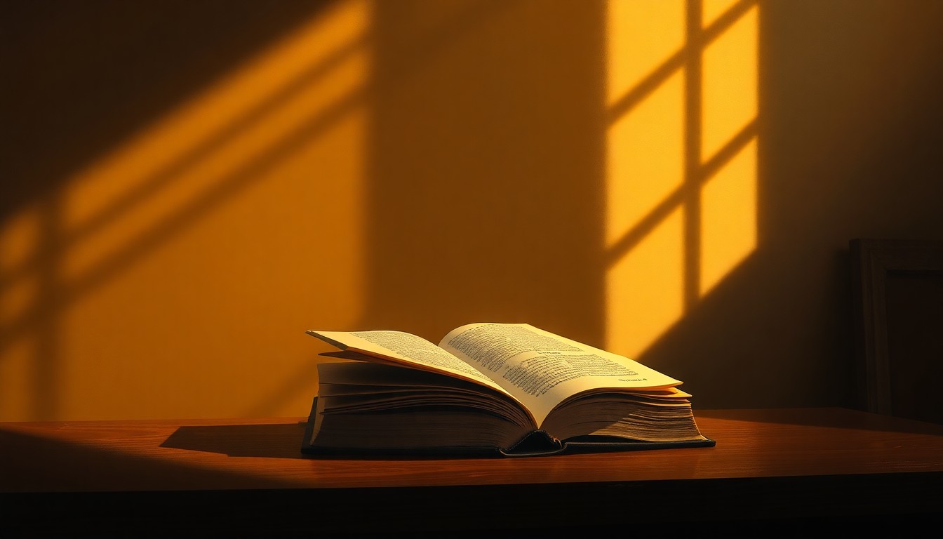 A realistic painting of a single academic book on a desk, with warm sunlight and deep shadows creating a contemplative, cinematic mood, conceptually representing the complex issues surrounding academic freedom and diverse perspectives.