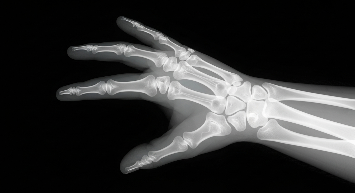 A ghostly, translucent X-ray photograph showing the bones and veins of a farmer's hand, conveying the hidden health impacts of paraquat exposure.