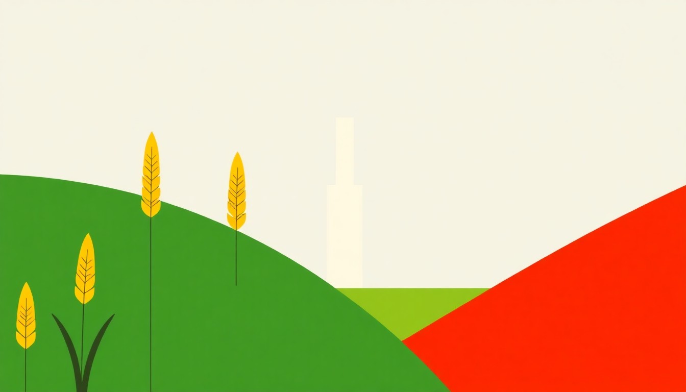 A visually striking abstract composition of intersecting triangles and rectangles in shades of blue, yellow, and red, conceptually representing the complex dynamics between the ethanol and grain industries.