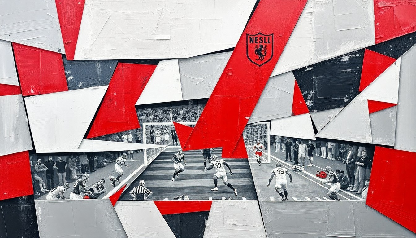 A cubist, geometric painting depicting a fragmented football game or match, with sharp, overlapping planes of pewter grey, red, and white representing the dynamic action on the field.