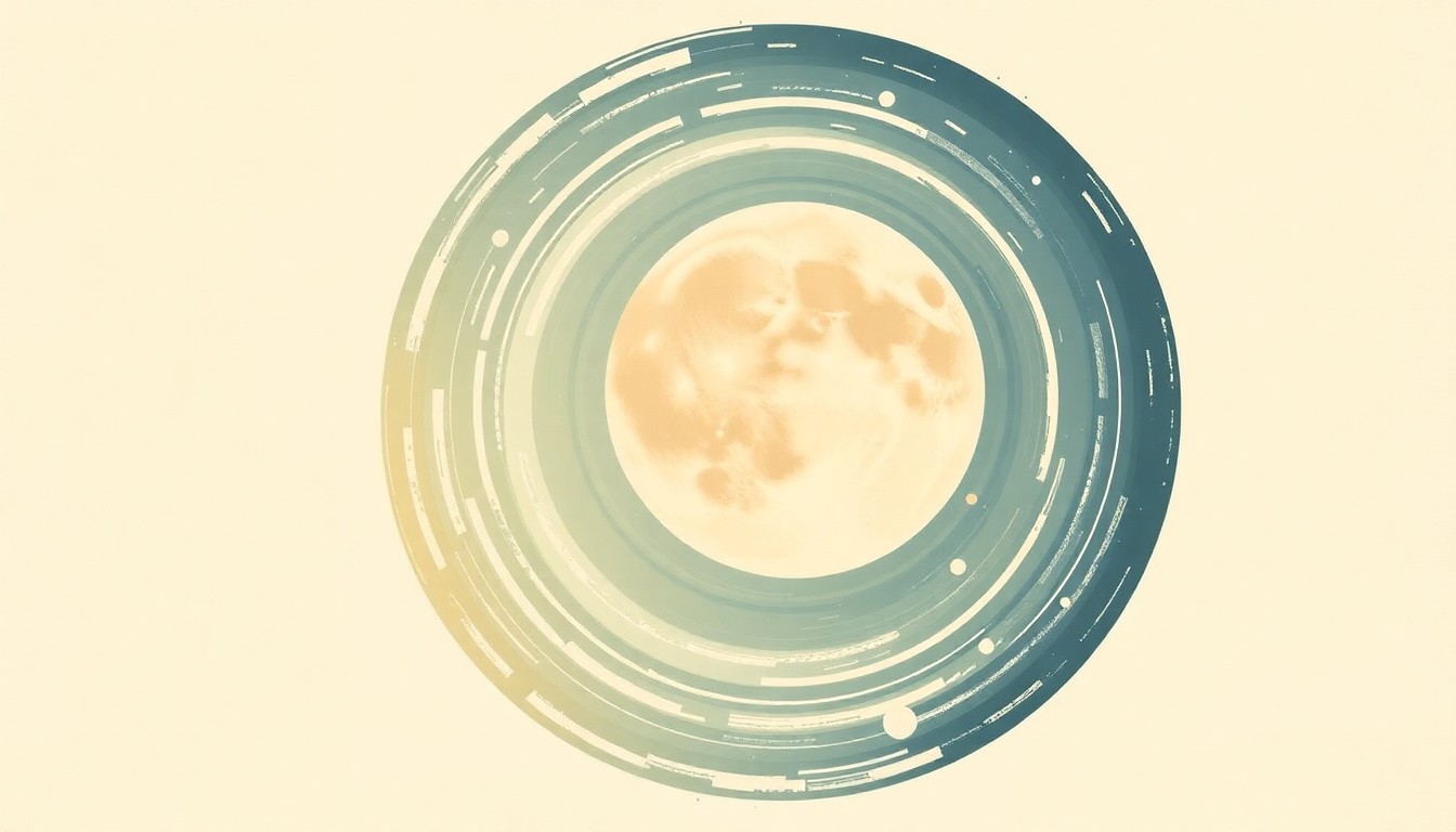 A vibrant, abstract painting featuring sweeping geometric shapes and precise orbital spirals in earthy tones, conceptually representing the Orion spacecraft's journey around the Moon.