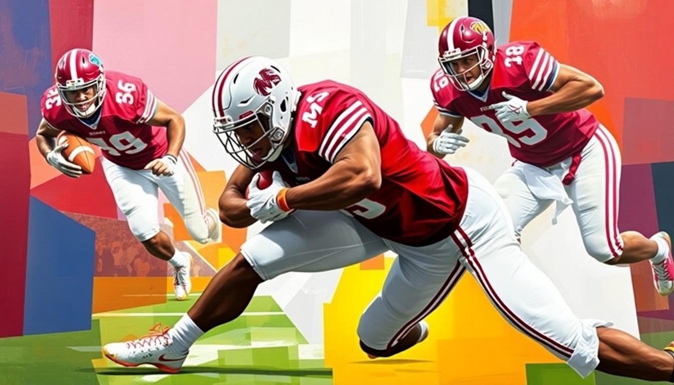 A fractured, cubist-style painting depicting a football player in motion, with sharp geometric shapes and planes in the team's maroon and white colors, conveying the dynamic energy of the sport.