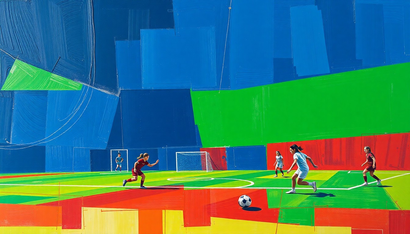 A fragmented, cubist-style painting depicting the action and movement of a girls high school soccer game, with sharp geometric shapes and planes of navy, green, and red colors.