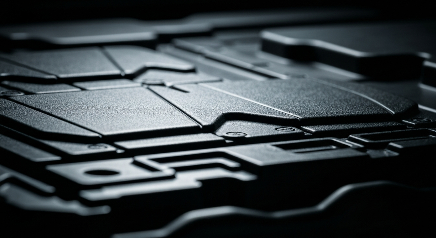 An extreme close-up photograph of the pebbled, metallic surface of an electric vehicle battery pack, capturing the raw materials and engineering of modern electric transportation technology.