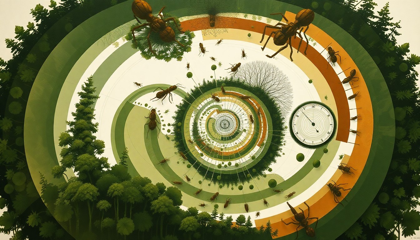 A highly textured, abstract painting in earthy tones of green, brown, and gray, featuring sweeping geometric arcs, concentric circles, and precise botanical spirals, conveying the intricate natural forces at work as the Asian needle ant spreads across Kentucky's forests.