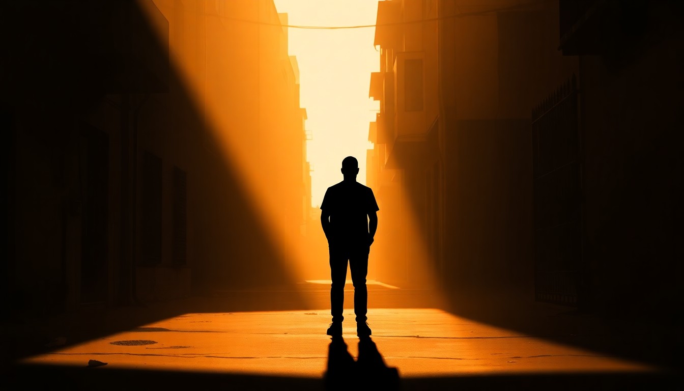 A moody, cinematic painting of a lone figure standing in a shadowy urban alleyway, the warm sunlight casting dramatic shadows and highlighting the solitary, contemplative nature of their courageous stand.