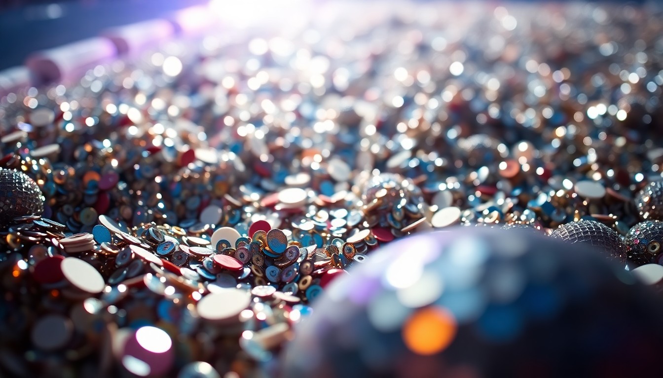 An abstract, high-contrast close-up photograph of shimmering, glittering sequins and disco ball fragments, evoking the glamorous and energetic atmosphere of the Coachella music festival.