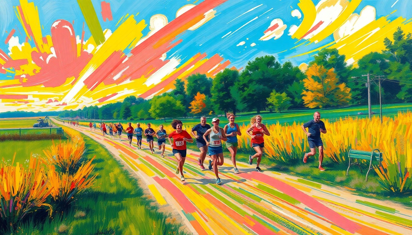 An abstract, energetic painting in neon colors depicting runners in motion on a trail, with the Solid Waste Authority Greenway visible in the background, conceptually representing the vibrant community event.