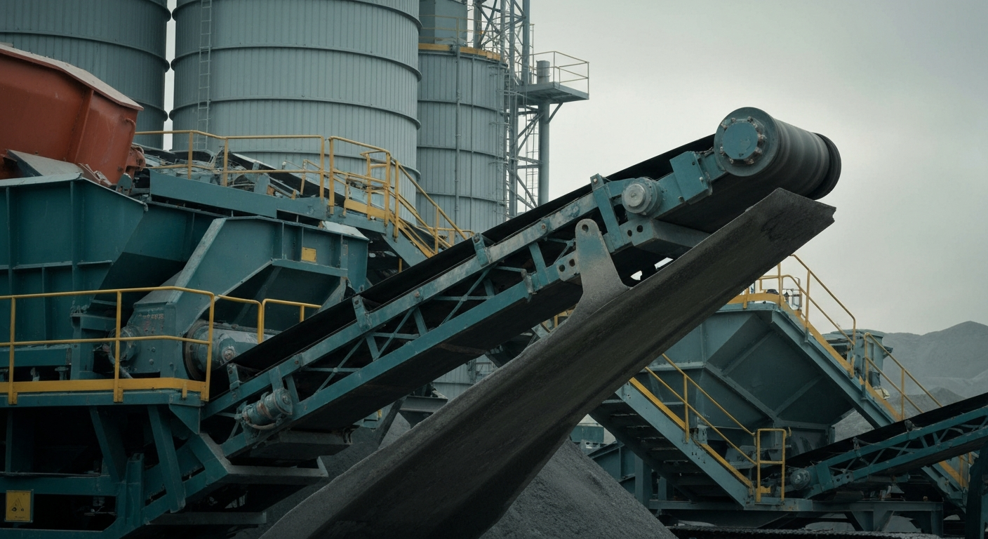 An extreme close-up of large, metallic industrial machinery used in the production of construction materials, conveying a sense of scale, power, and precision in the manufacturing process.