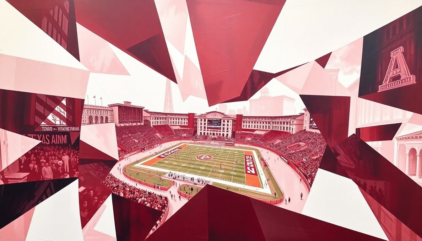 A fractured, multi-perspective painting in a cubist style, using sharp geometric planes in maroon and white to depict a Texas A&M Aggies sports event or campus scene in an abstract, deconstructed manner.