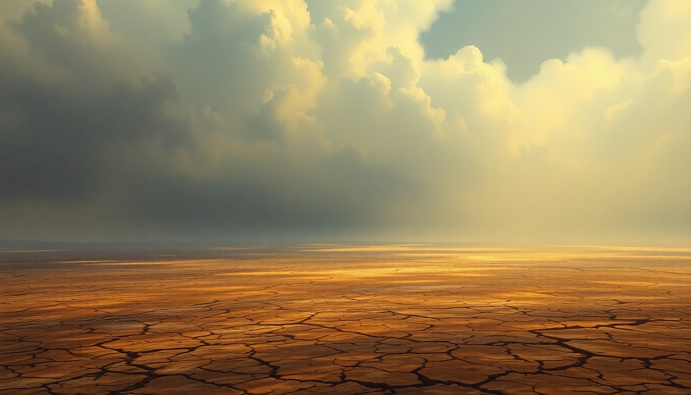 A vast, atmospheric landscape painting in muted earth tones, depicting a cracked, parched ground under a hazy, oppressive sky, conveying the overwhelming scale and impact of the drought on the region.