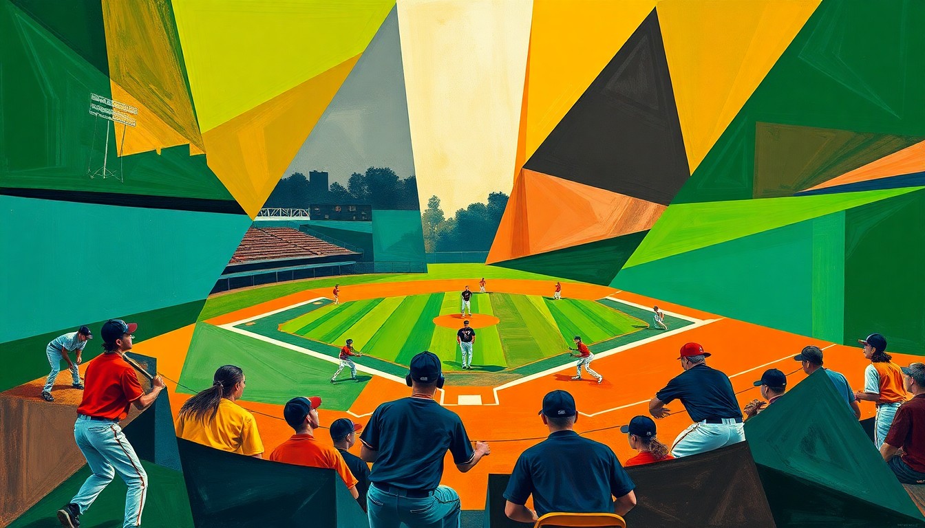A cubist, geometric painting depicting an abstracted high school baseball game, with angular shapes in navy, green, and orange representing the players and field.