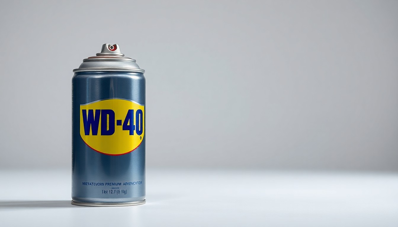 A photorealistic studio still-life image featuring a polished metal WD-40 can set against a clean white background, using dramatic lighting to symbolize the company's premium brand and corporate strategy.