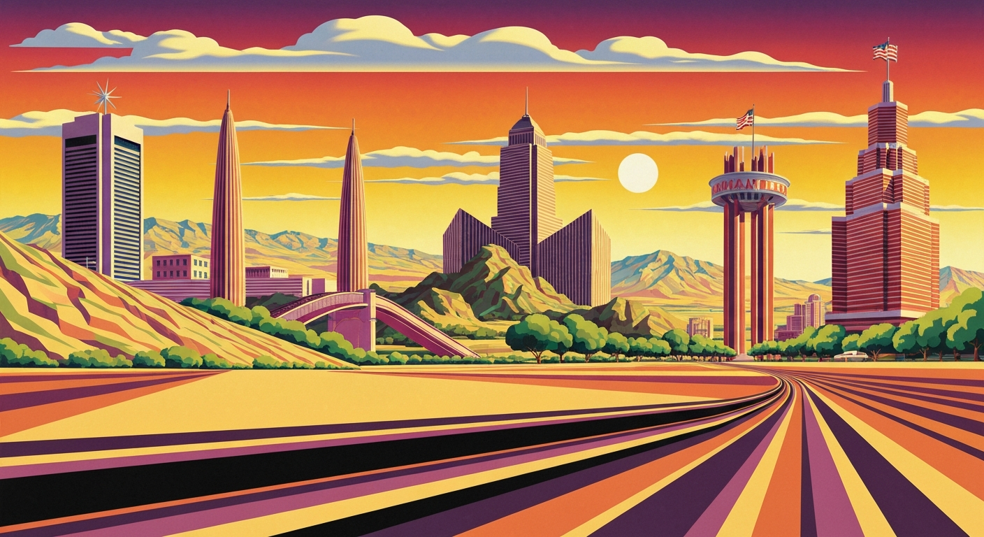A highly stylized, geometric illustration depicting the sweeping landscapes and iconic landmarks of Amarillo, Texas, in a bold, Art Deco-inspired visual style that captures the grand scale and romance of travel along the historic Route 66 highway.
