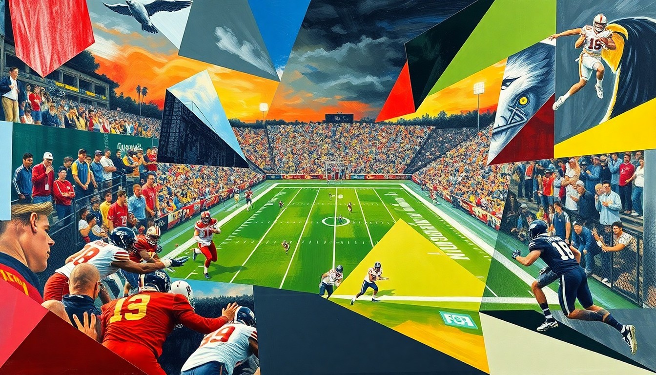 A fragmented, geometric painting depicting the overlapping movements and perspectives of a football game, with the players' forms broken down into sharp, angular shapes and planes of color.
