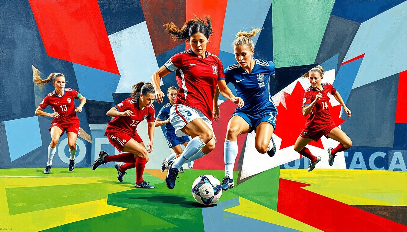 A fractured, multi-perspective painting in bold, geometric shapes and vibrant colors, depicting the dynamic action of a women's soccer match between the United States and Canada.