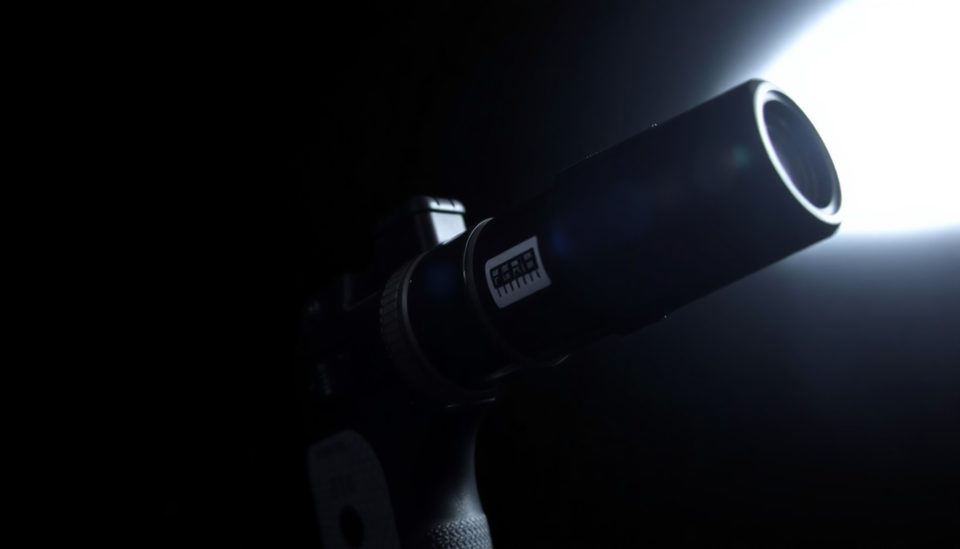 An extreme close-up of a metallic stun gun trigger mechanism against a pitch-black background, the harsh lighting creating dramatic shadows and textures that convey the serious, investigative nature of this crime.