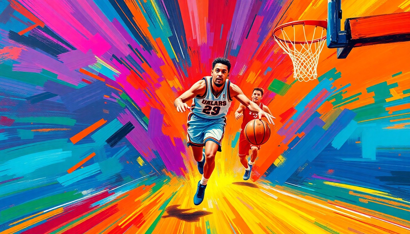 An abstract, expressionist painting in vibrant neon colors depicting a basketball player driving to the hoop, the ball and player's movements blurred in a frenetic, energetic composition.