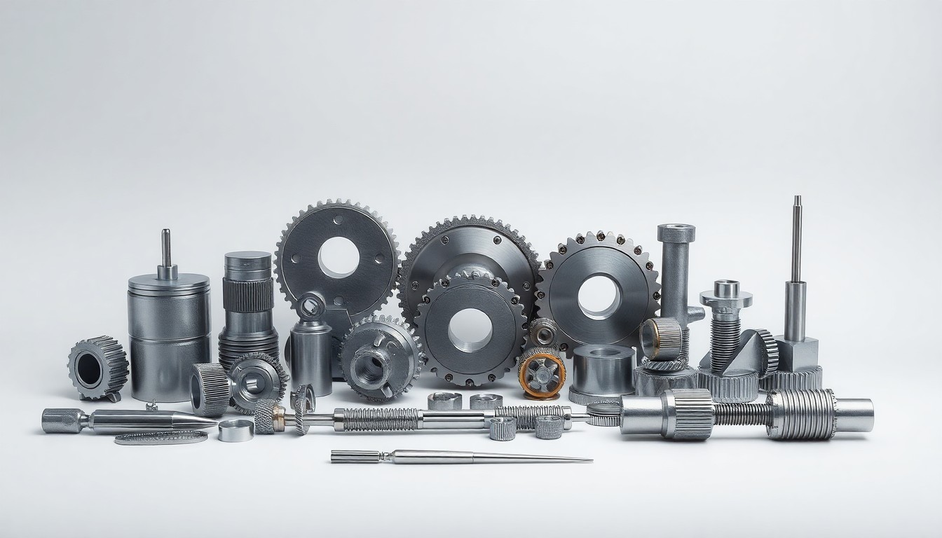 A high-end, photorealistic studio still-life photograph featuring a collection of precision metal components, gears, and tools arranged elegantly on a clean, monochromatic seamless background, using sharp, dramatic studio lighting and deep shadows to represent the advanced technology and engineering of the defense industry.