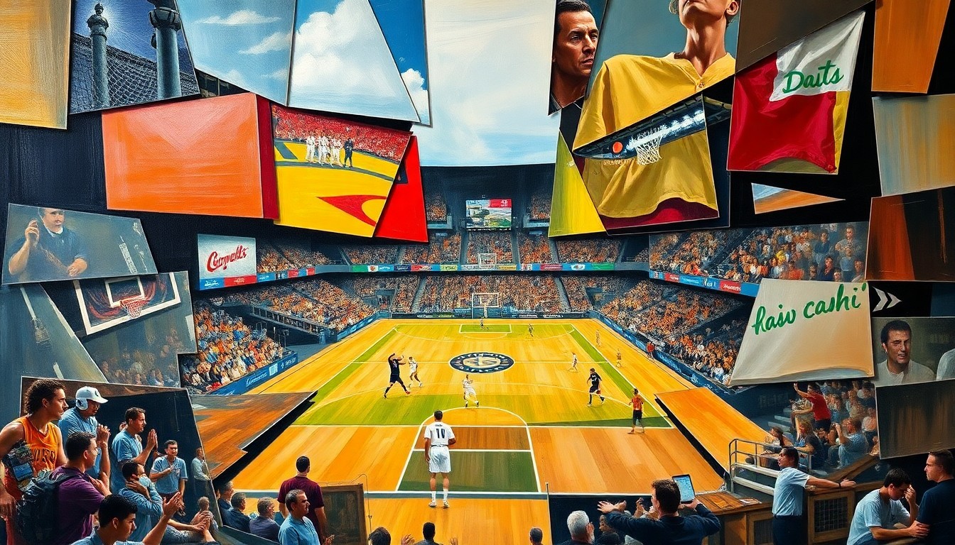 A cubist, geometric painting depicting a fragmented, multi-angled view of a sports game or match, conveying the complex challenges of maintaining fairness and integrity in the face of legalized gambling.