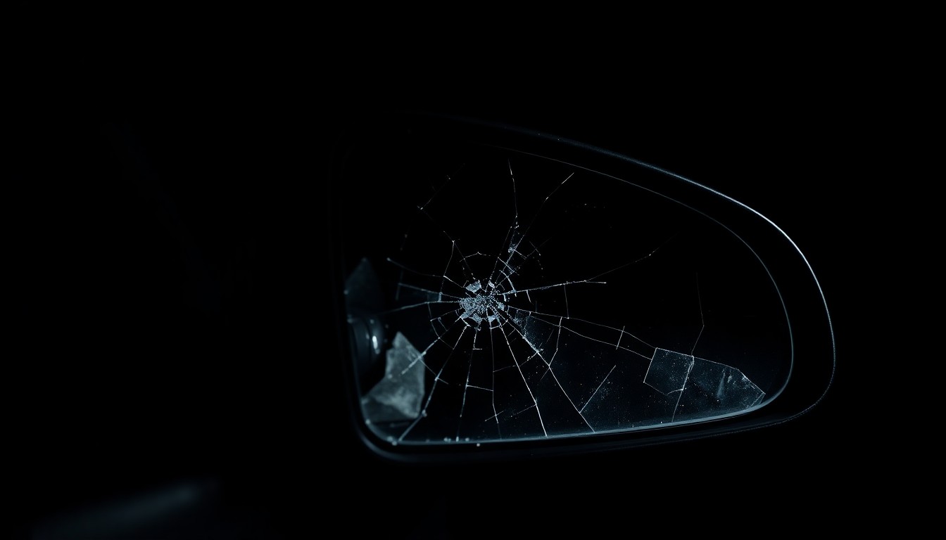 An extreme close-up of a cracked and damaged car side mirror, reflecting a faint light in the darkness, conceptually illustrating the aftermath of a tragic hit-and-run incident.