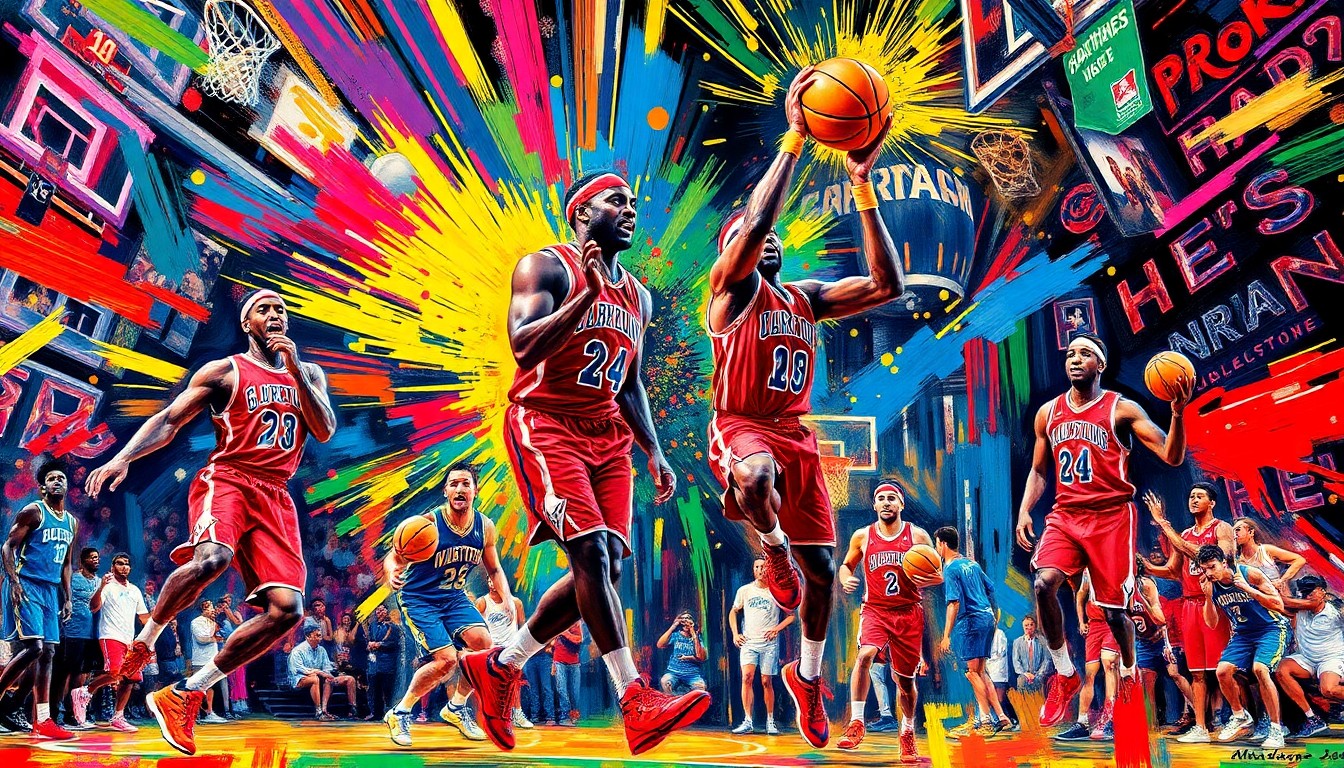A dynamic, abstract painting with bold, energetic brushstrokes in neon colors, capturing the movement and showmanship of the Harlem Globetrotters in an artistic, non-literal interpretation.