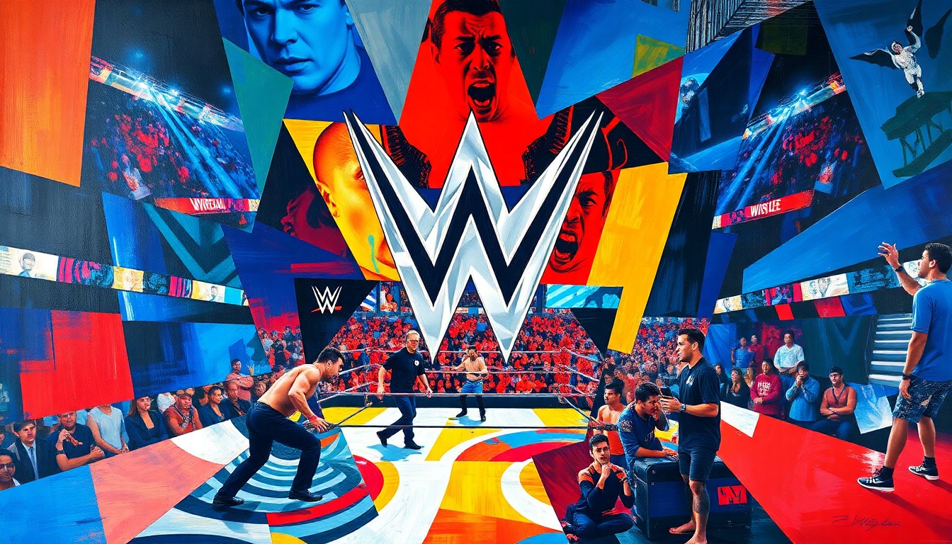 A dynamic, abstract painting featuring sharp, overlapping geometric shapes and planes in bold, contrasting colors, conceptually representing the intensity and drama of a WWE wrestling match or event.