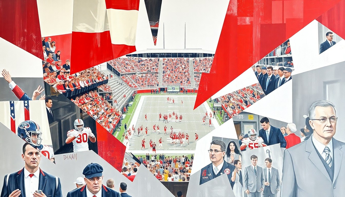 A cubist, geometric painting depicting the chaotic energy of a college football spring game, with fragmented images of players, coaches, and fans in the Crimson Tide's signature colors.