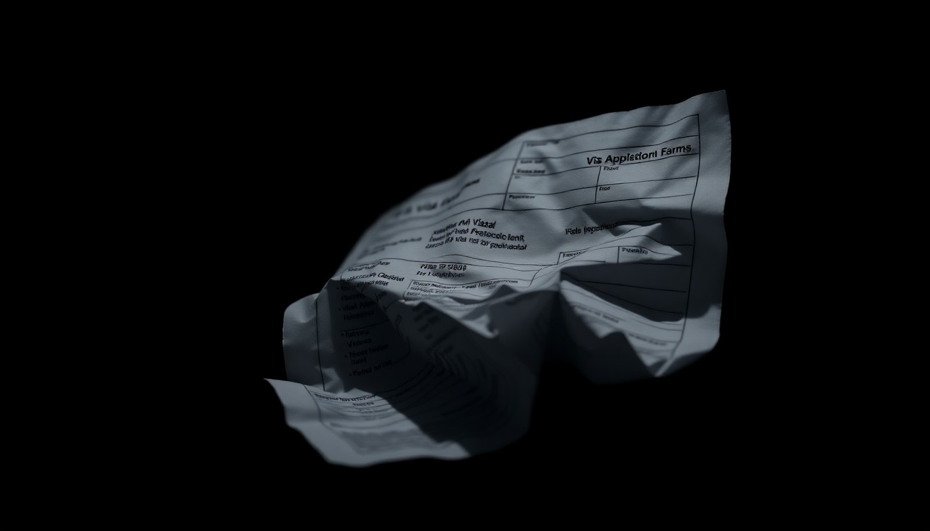 An extreme close-up of a crumpled, discarded visa application form reflecting a harsh, direct flash of light, conceptually illustrating the investigative nature of this immigration fraud case.