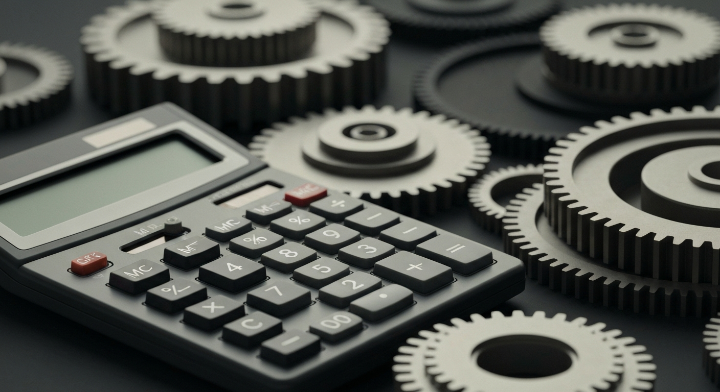 An extreme close-up of various financial tools and machinery, including a calculator, gears, and other industrial components, conveying the complex mechanics of personal finance and tax planning.