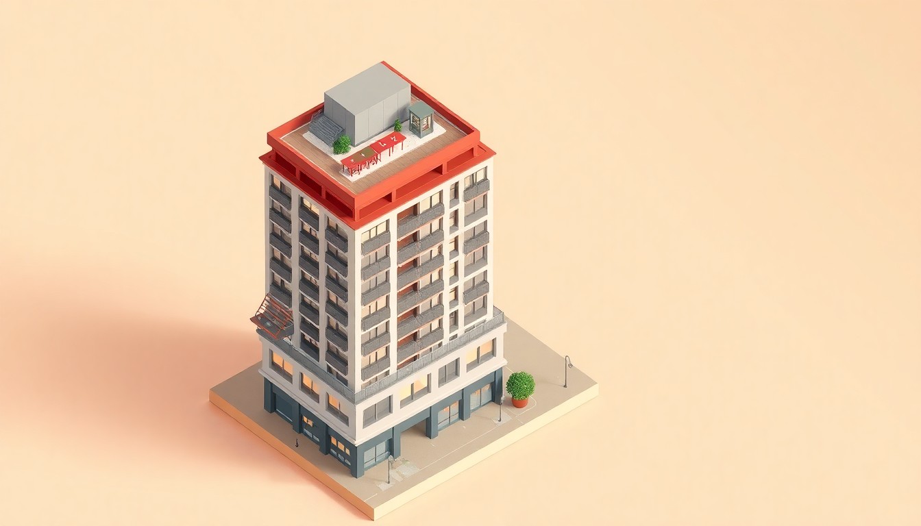 A miniature, stylized 3D rendering of the Emi on 50 apartment tower, featuring its Japandi-inspired architecture and rooftop amenities like a pool, fitness center, and pickleball court, conceptually representing the new development's integration with the Mills 50 neighborhood's dining and pedestrian-friendly character.