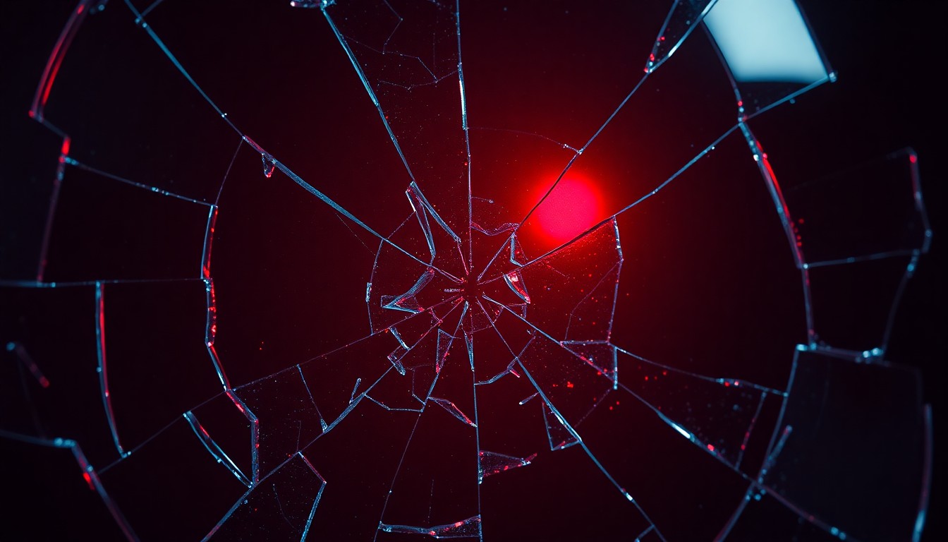 An extreme close-up photograph of shattered glass, reflecting a faint red light, conceptually illustrating the fractured relationship between two musical artists.
