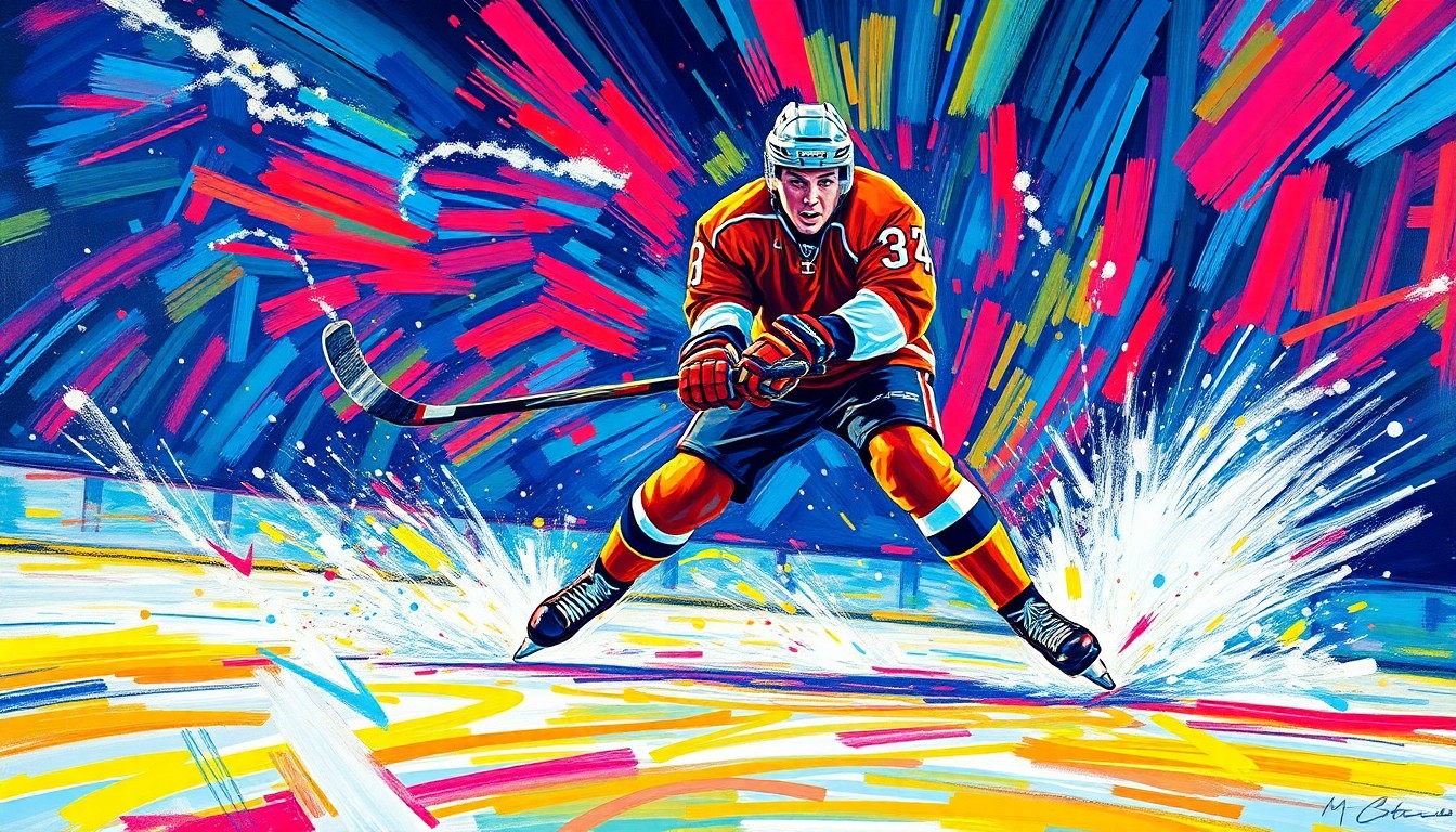 An abstract, neon-colored painting depicting the dynamic motion and energy of a hockey player scoring a goal, with brushstrokes and colors that evoke the raw excitement of the moment.