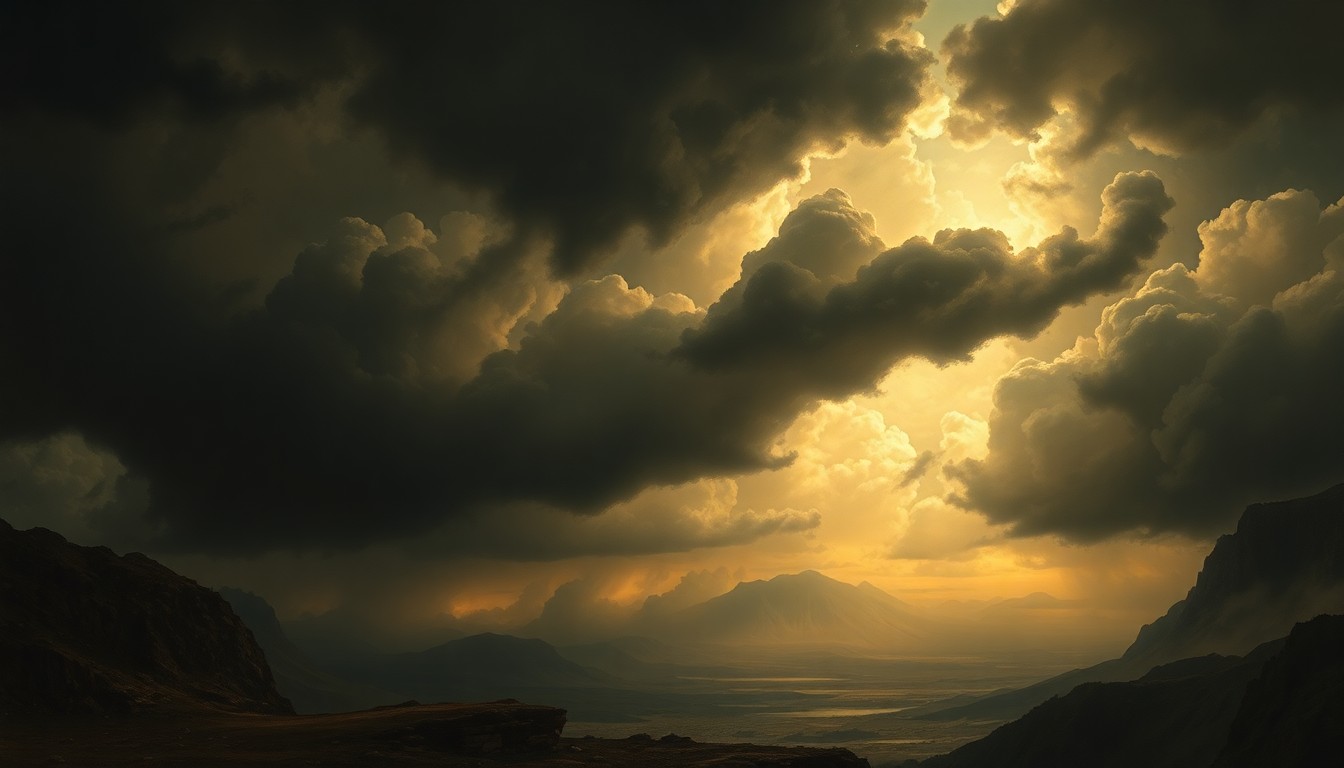 A vast, atmospheric landscape painting depicting an incoming storm system, with dark, ominous clouds dominating the sky and casting dramatic shadows over the terrain below, conveying the overwhelming scale and power of the approaching weather event.