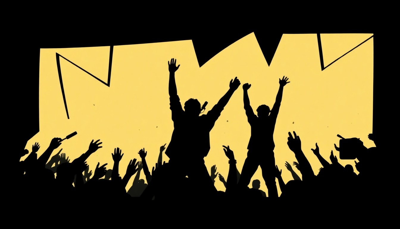 A dynamic composition of stark black geometric shapes and silhouettes, conceptually representing the excitement and energy of a music performance event.